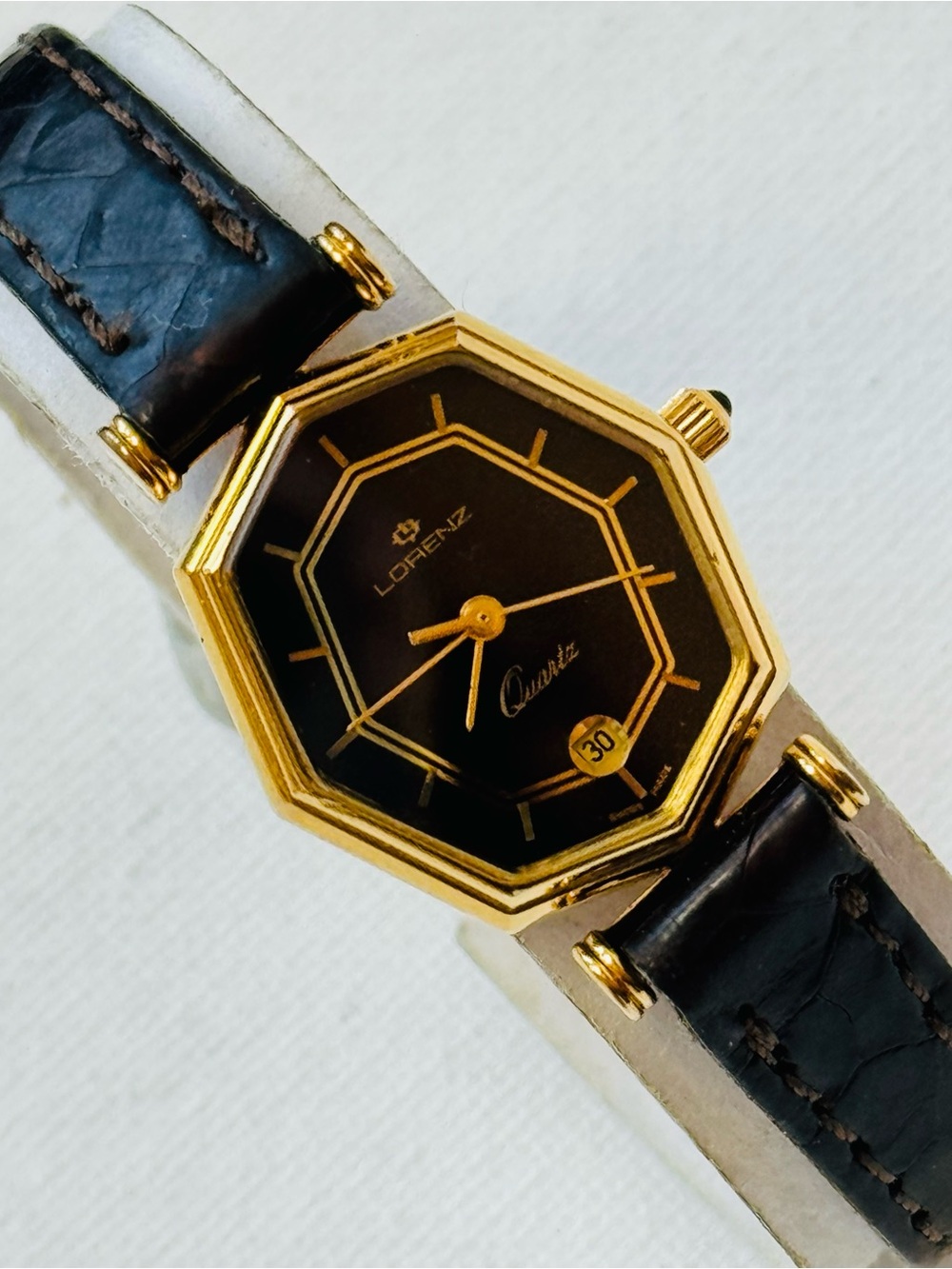 Vintage Lorenz Swiss Women's Thin Dress Watch Gold Black Dial Brown Leather
